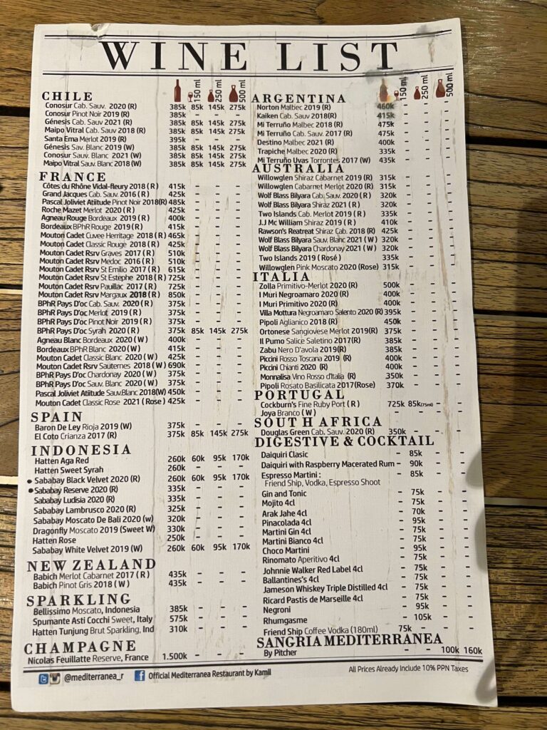 Wine selection at Mediterranea