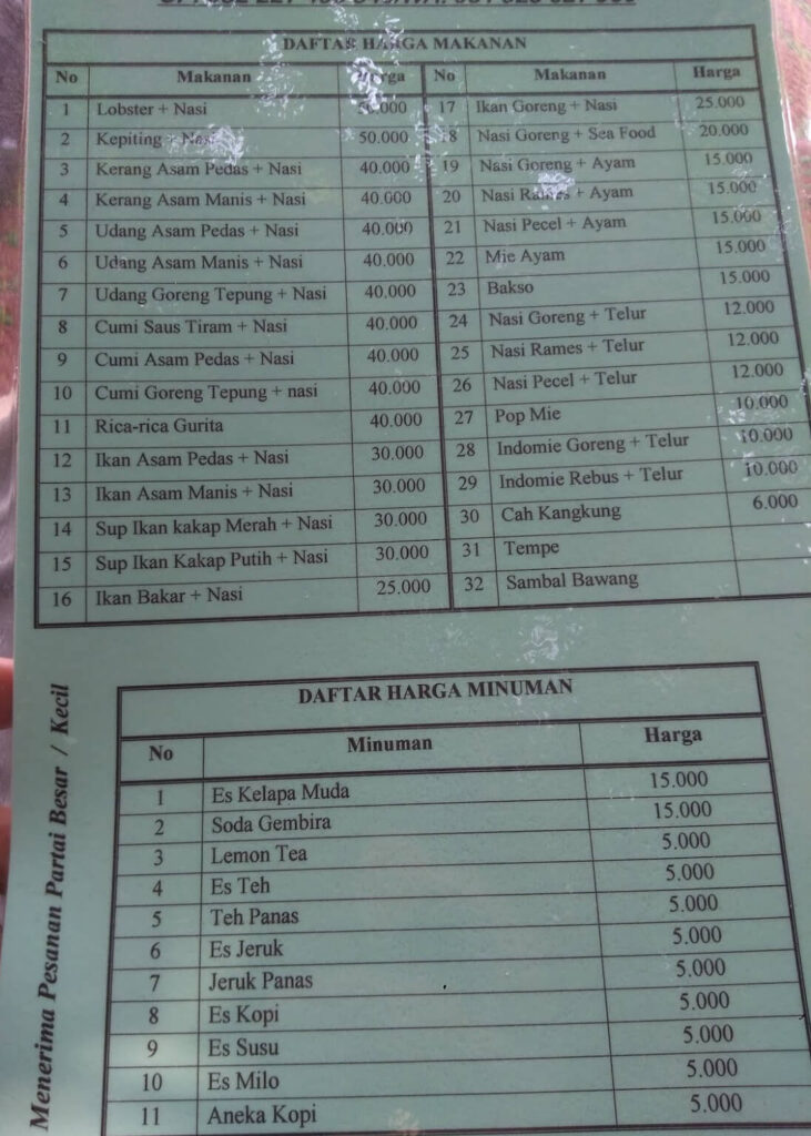 Food and drink sample menu