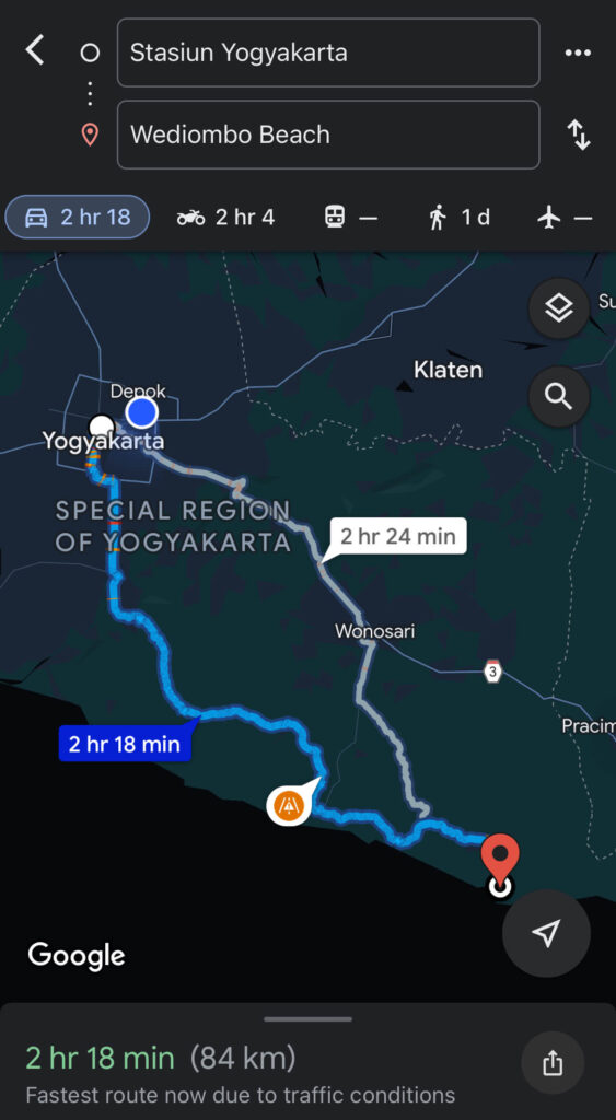 Google Map route to Pantai Wediombo