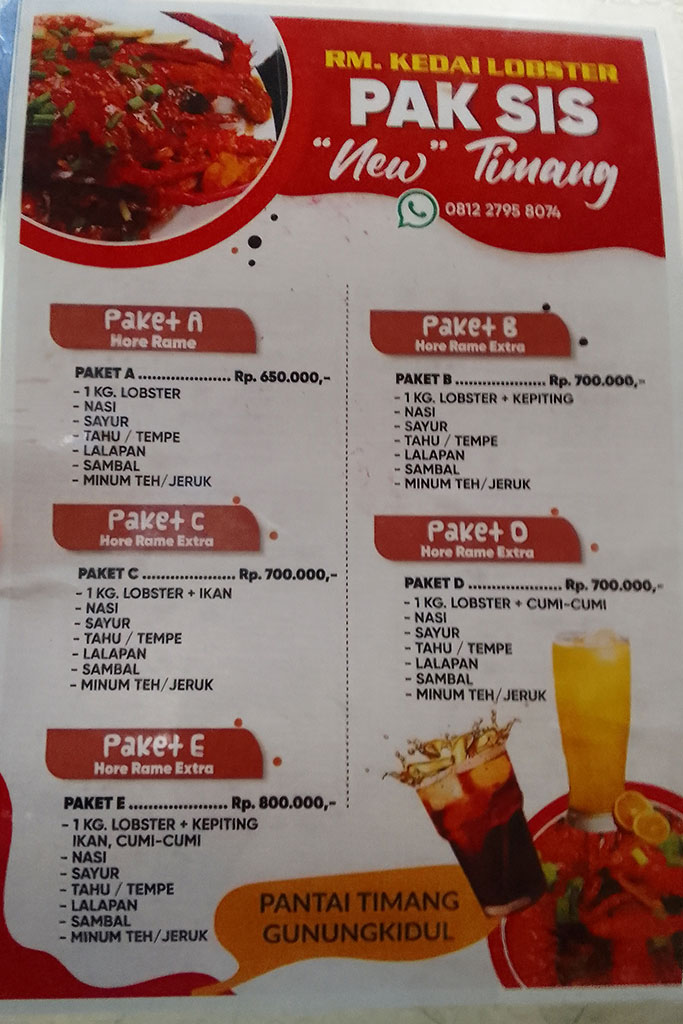 Menu at Kedai Lobster Pak Sis Timang